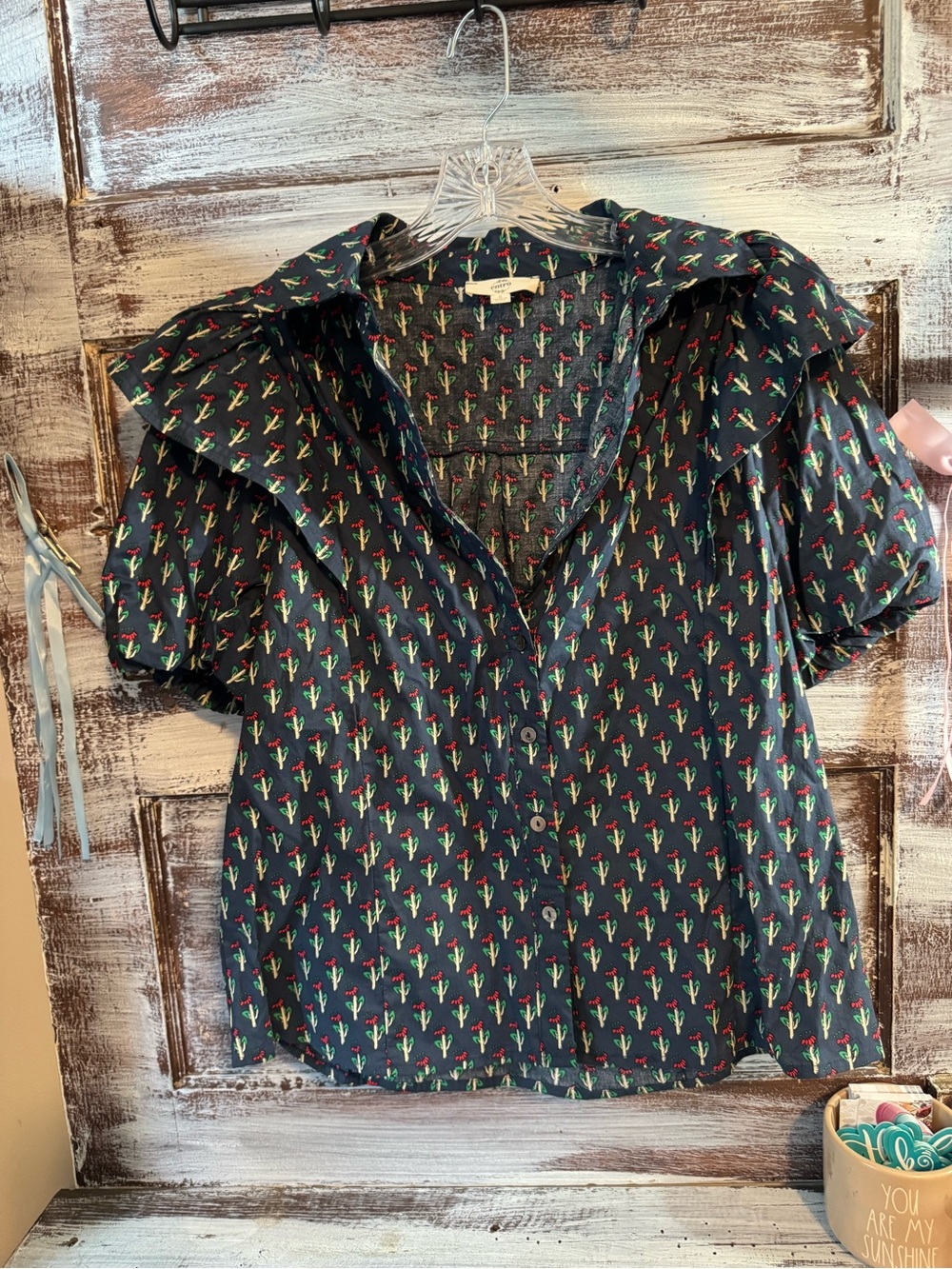 entro Navy Button-Front Top with Red & Green Cactus Motif